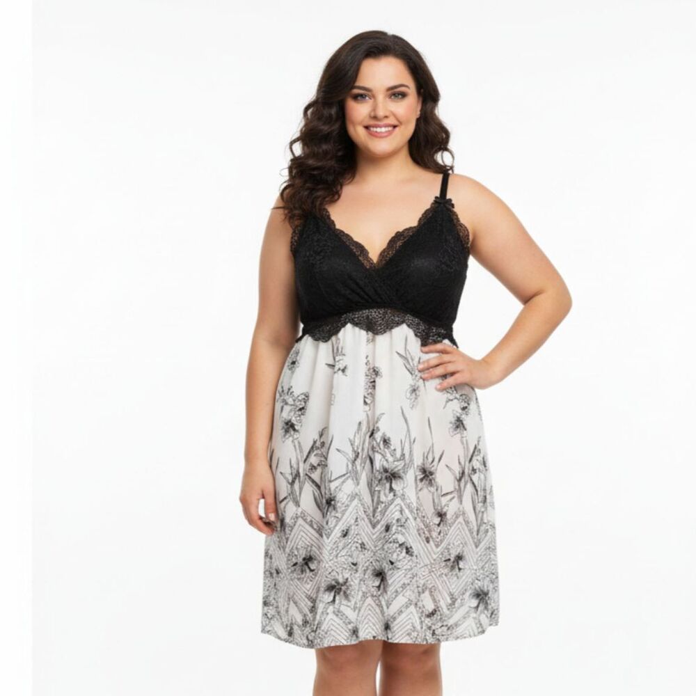 Cacique Black & White Floral Print Lace Bodice Short Dress 18/20